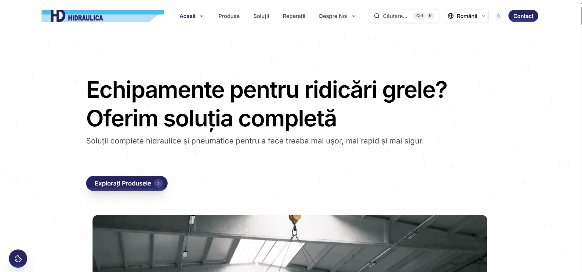Hidraulica website hero section — lifting equipment headline and product CTA