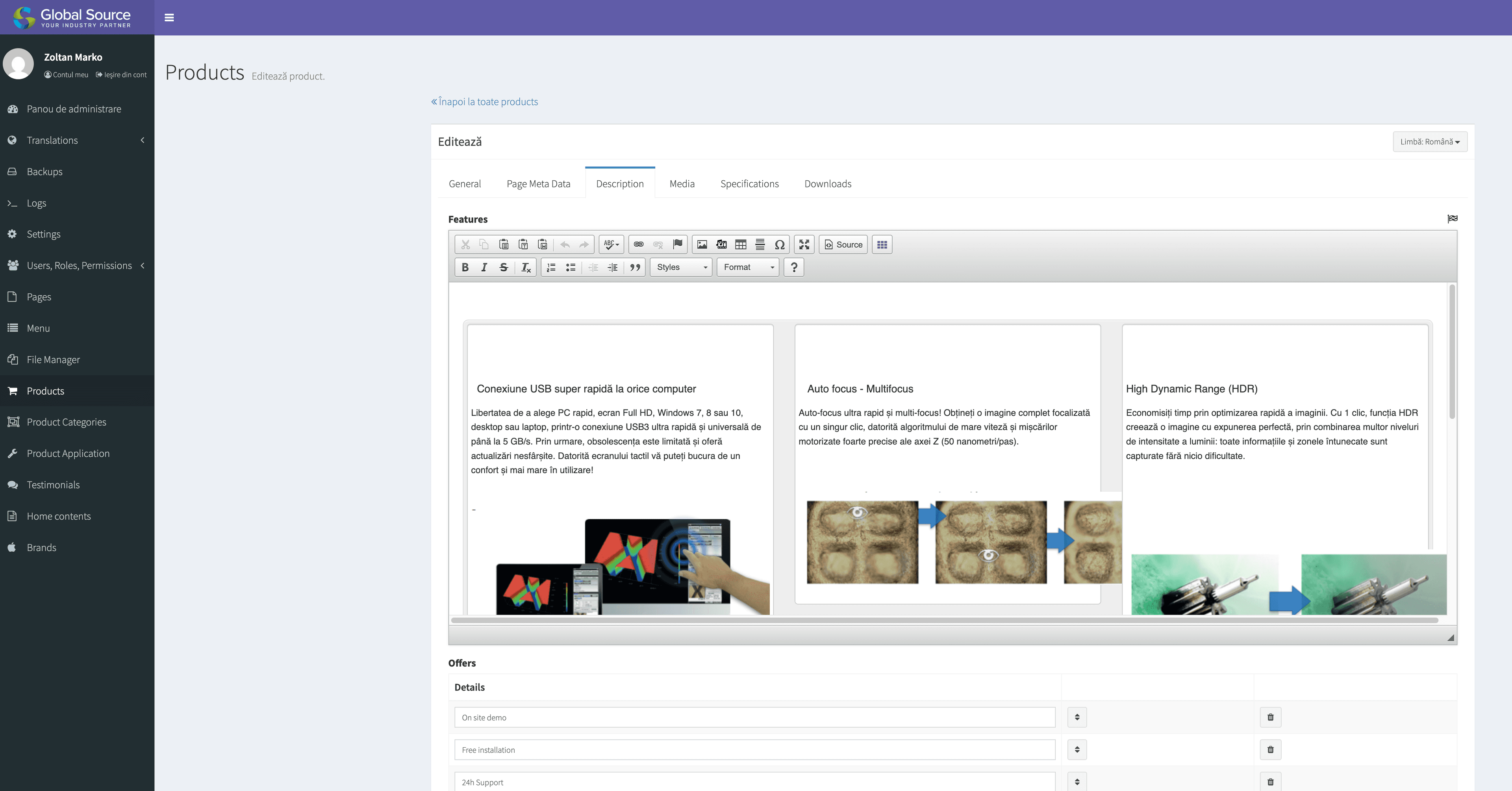 Global Source admin panel editing a product description