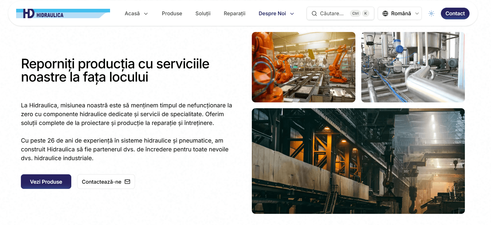 Hidraulica website hero section - lifting equipment headline and product CTA
